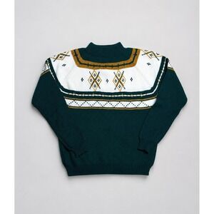 Vintage MG Knit Sweater Green Fair Isle Ski Pullover WPL 11935 Size M